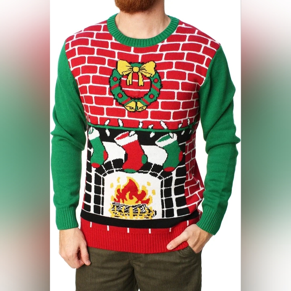 NWT Ugly Christmas Sweater Men's Fireplace is Lit Light Up Sweater Size 2XL